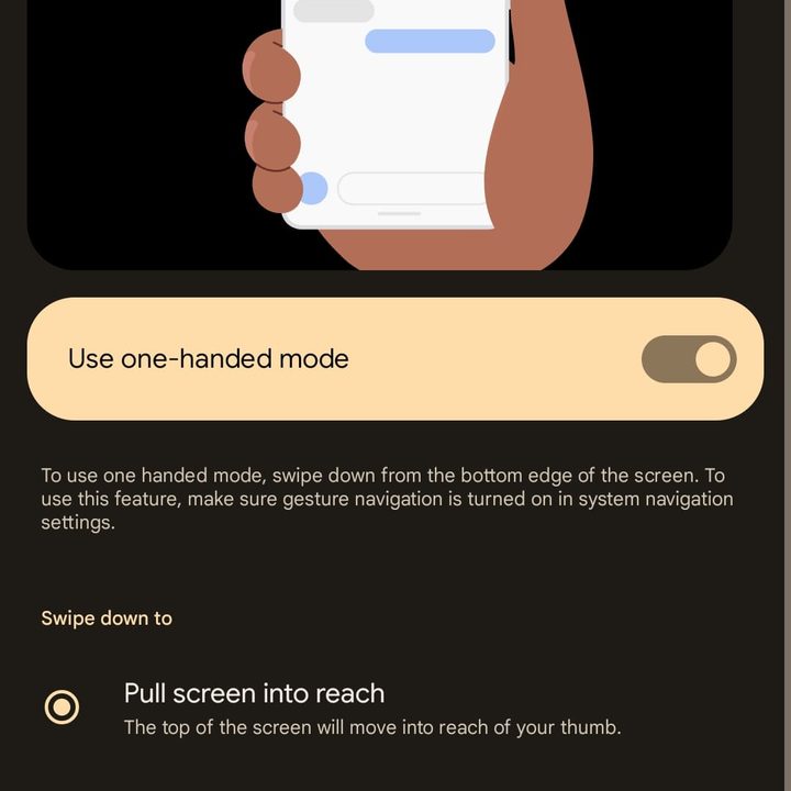 Android 12 One-handed mode menu and toggle.