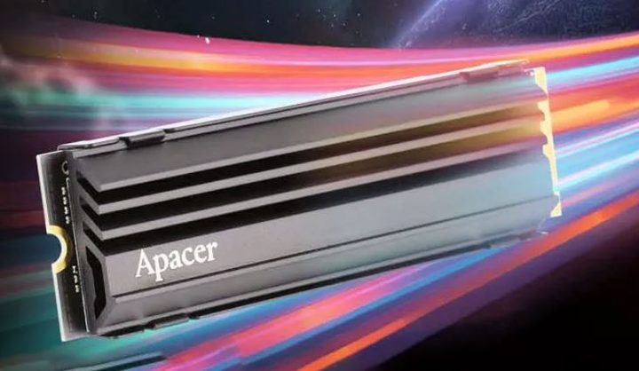 Apacer SSD over a colorful background.