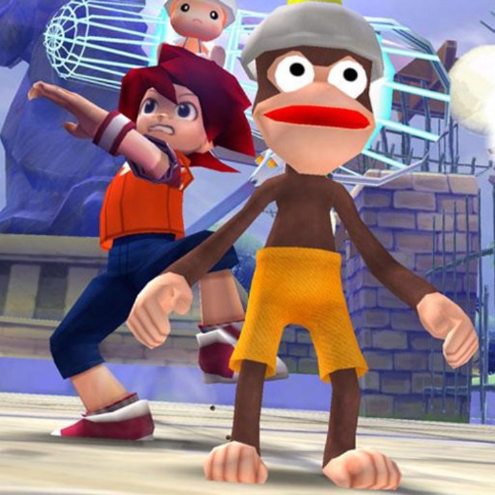 Spike sneak attacking an ape in Ape Escape 2.
