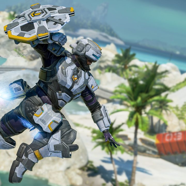 Newcastle leaps in the air with his shield in Apex Legends.