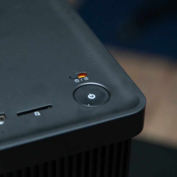 Locking power switch on the Asus ProArt PD5 desktop.