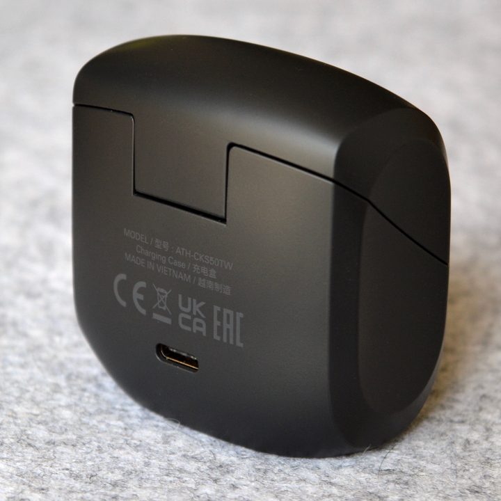 Audio-Technica ATH-CKS50TW wireless earbuds' charging case seen from the back.