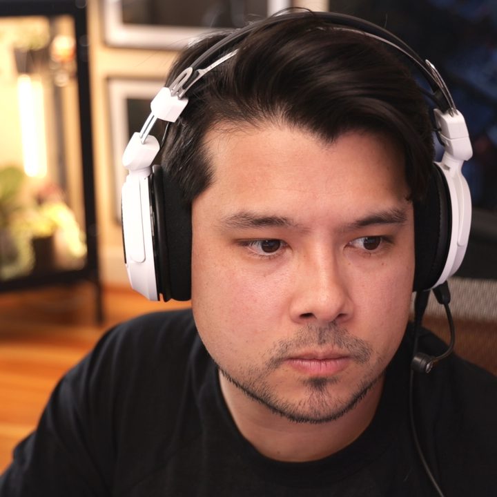 Author wearing Audio-Technica ATH-GDL3 open-back gaming headphones.