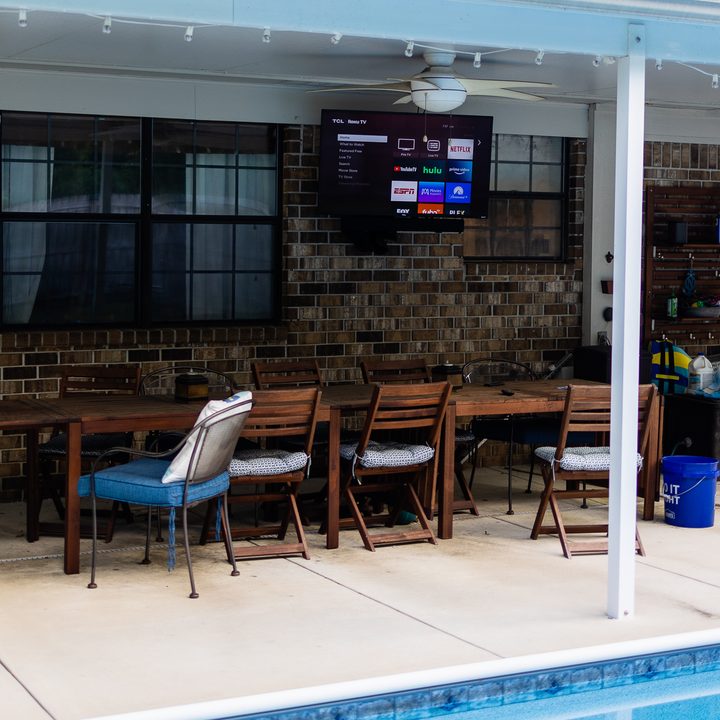 Outdoor-mounted TV and other back-porch stuff.