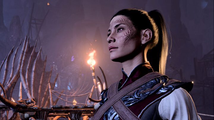 A female adventurer with scales on her face.