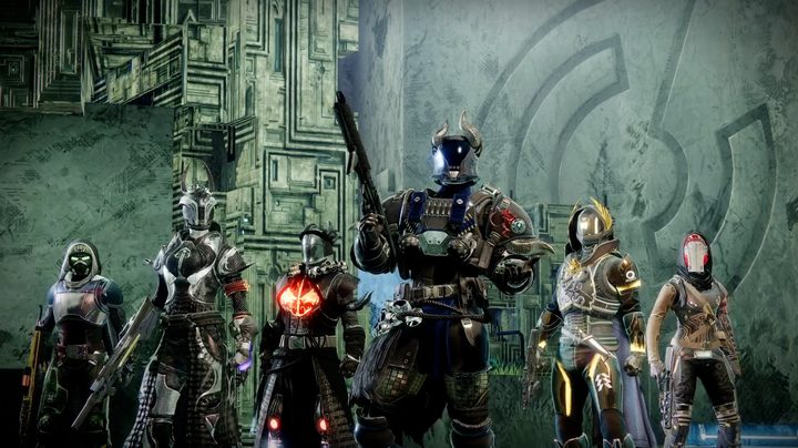 A group of 6 Destiny 2 players stand in a line, waiting for a match to start.