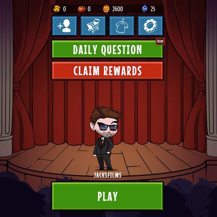 Jacksfilms' avatar stands in the main menu of Be Funny Now.