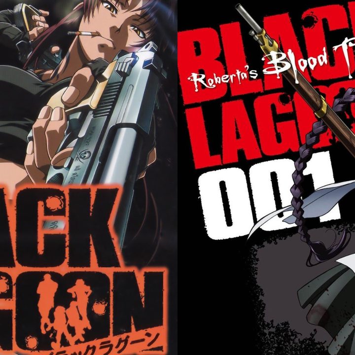 Split image of Revy and Roberta in key art for Black Lagoon and Roberta's Blood Trail.