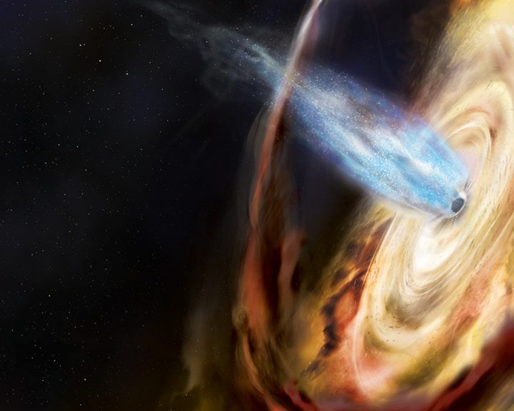 A black hole pulls material off a neighboring star and into an accretion disk in this illustration of a black hole named MAXI J1820+070. Above the disk is a region of superhot subatomic particles called the corona.