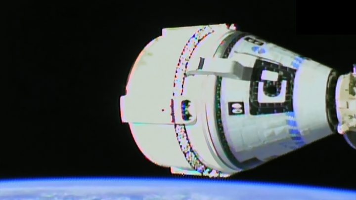 Boeing’s Starliner crew ship is seen moments after docking to the International Space Station’s forward port on the Harmony module.