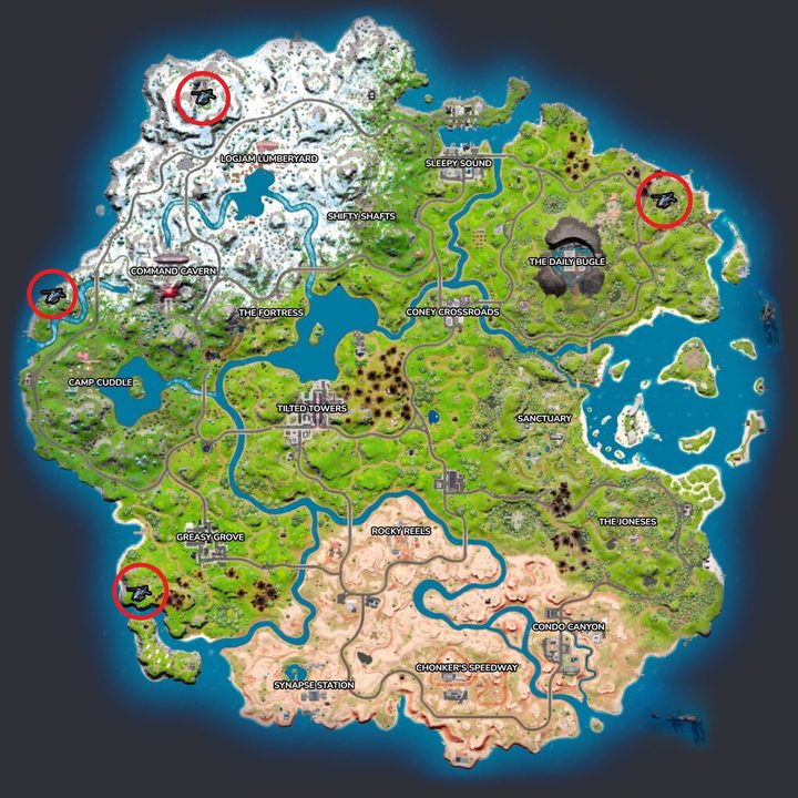 Map of Choppa locations in Fortnite.