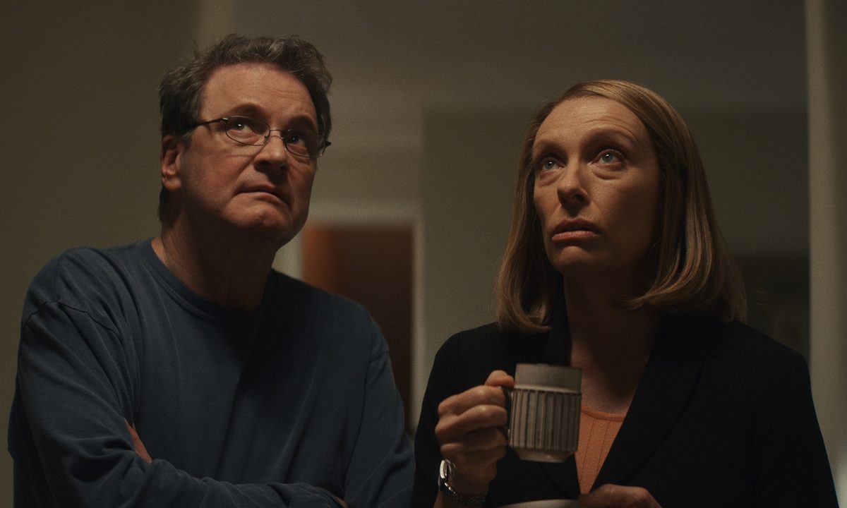 Colin Firth and Toni Collette both look up in The Staircase.