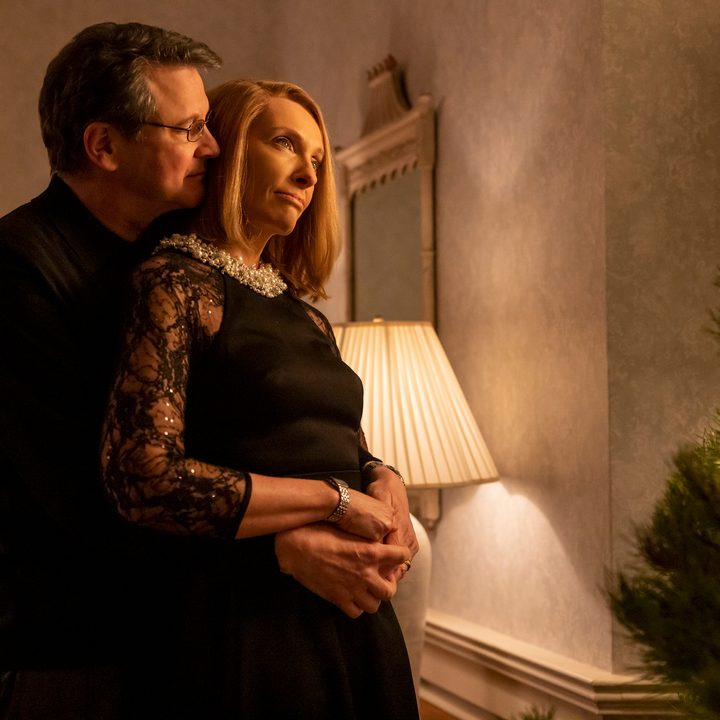 Colin Firth wraps his arms around Toni Collette in The Staircase.