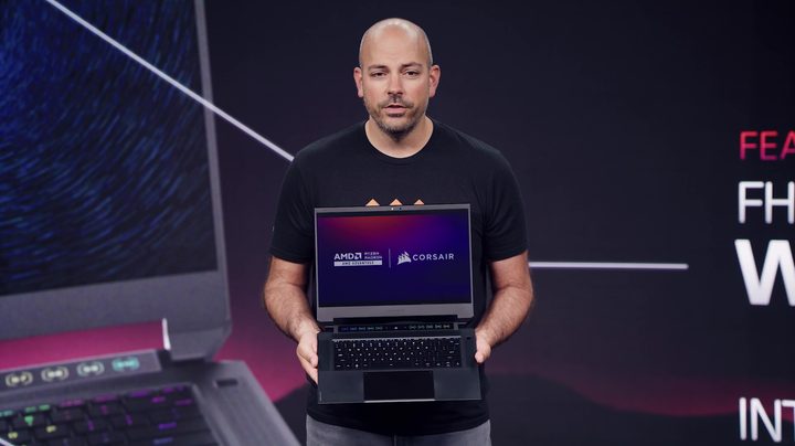 Frank Azor from AMD presenting the Corsair Voyager laptop.