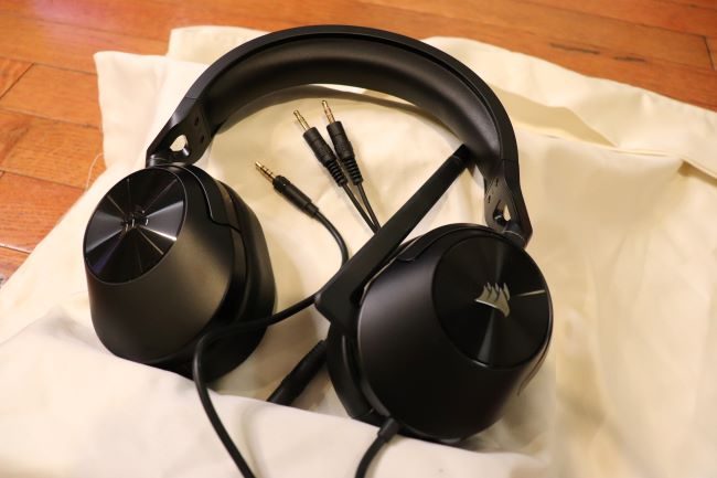 The Corsair HS55 Stereo headset on a table.