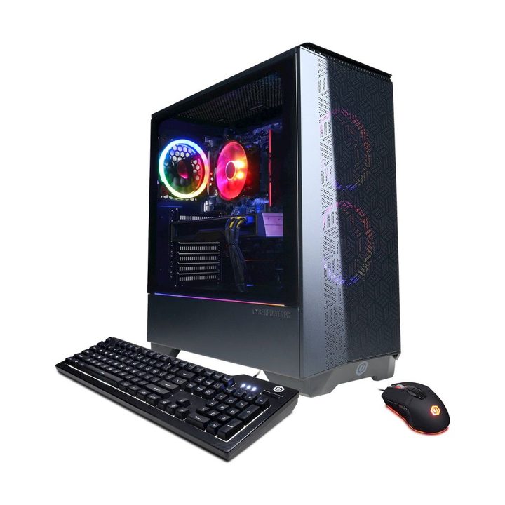 CyberPowerPC Gamer Master PC with keyboard and mouse on white background.