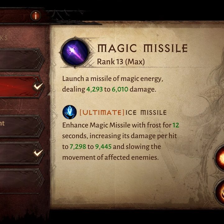 A menu showing Wizard skills in Diablo Immortal.