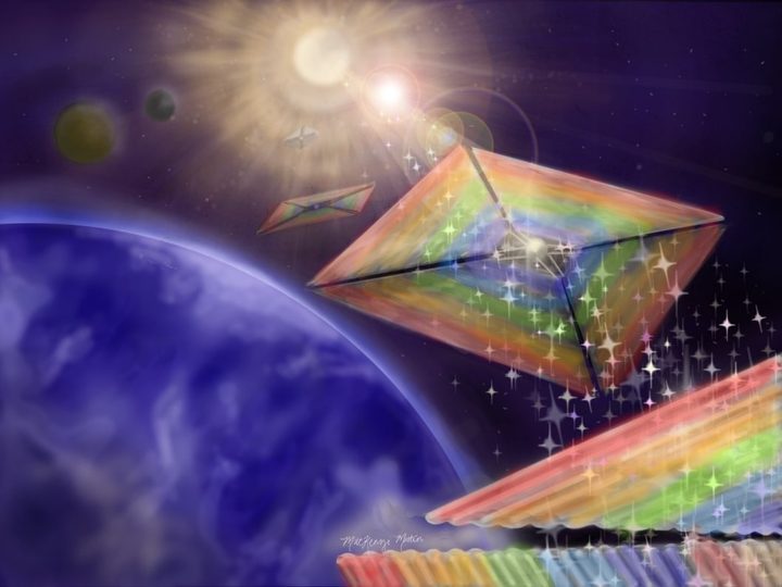 Diffractive solar sails, depicted in this conceptual illustration, could enable missions to hard-to-reach places, like orbits over the Sun’s poles.