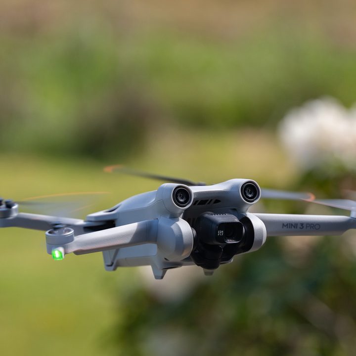 The DJI Mini 3 Pro in flight with spring flowers in the background.