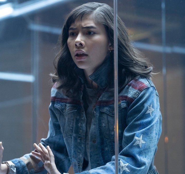 Xochitl Gomez as America Chavez is stuck in a glass prison in a scene from Doctor Strane in the Multiverse of Madness.