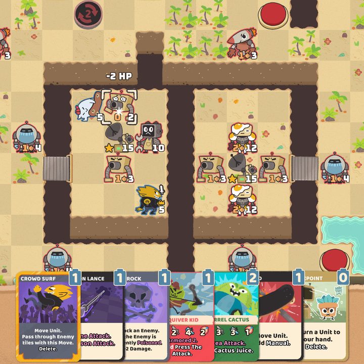 A battle unfolds on a tactics grid in Floppy Knights.