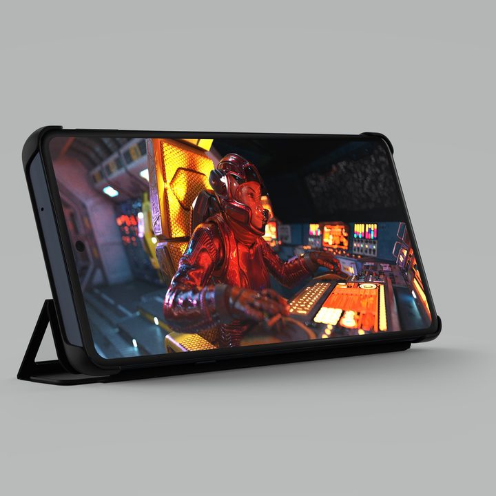Front view of the Motorola Edge+ in the folio case.