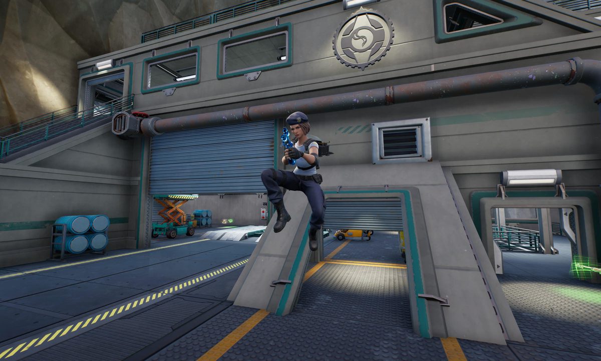 Jill Valentine jumping with burst rifle in Fortnite.
