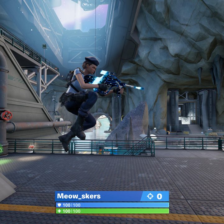Jill Valentine jumping with burst rifle in Fortnite.