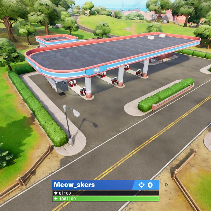 Overhead shot of gas station in Fortnite.