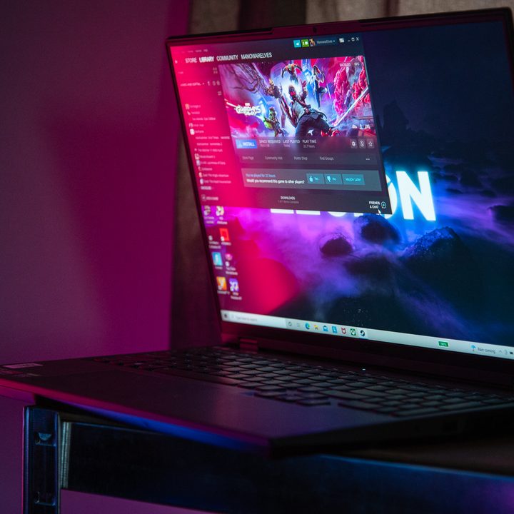 A Lenovo Legion 5i Pro sitting on a shelf.