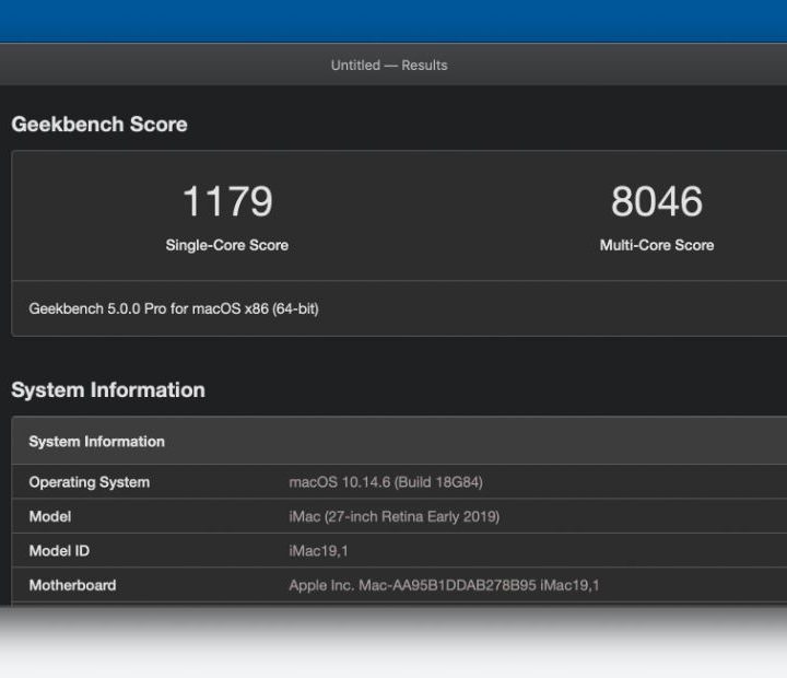 Screenshot of Geekbench 5 showing results of Apple iMac 2019.