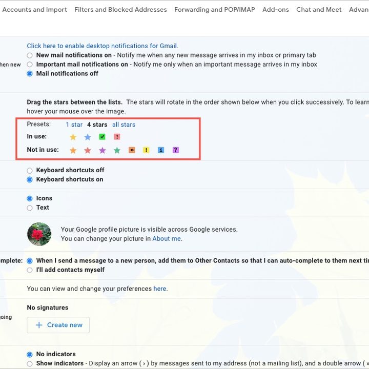 Gmail settings for changing or adding stars.