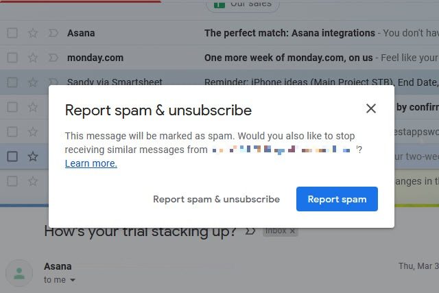 Report spam and unsubscribe prompt in Gmail.