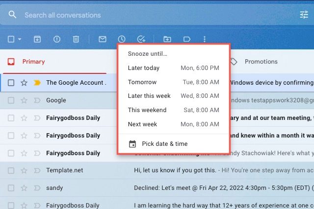 Times available for snoozing an email in Gmail.