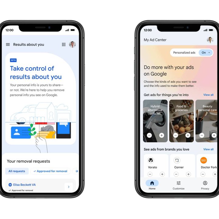 Two Android smartphones showing screens for removing personal infromation from Google Search results and cusotmizing ads.