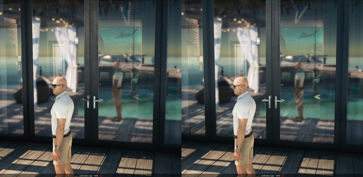 Reflection comparison in the Maldives level in Hitman 3.