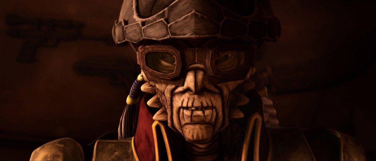 Hondo Ohnaka looks focused a scene from in Star Wars: The Clone Wars