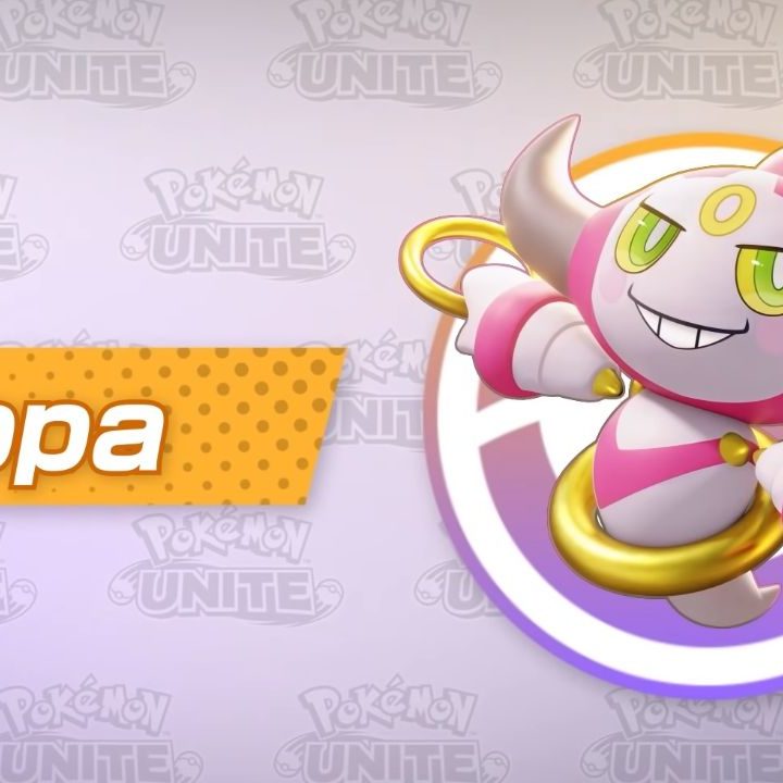 Hoopa from Pokémon Unite on a stylized background.