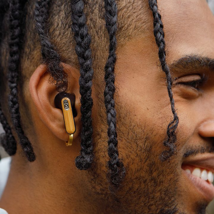 A close-up of the new House of Marley Redemption ANC 2 True Wireless. Earbuds
