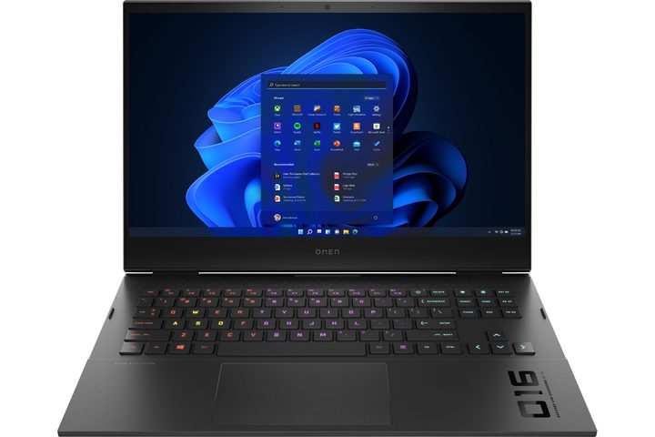The HP Omen 16 gaming laptop with RGB backlit keyboard.