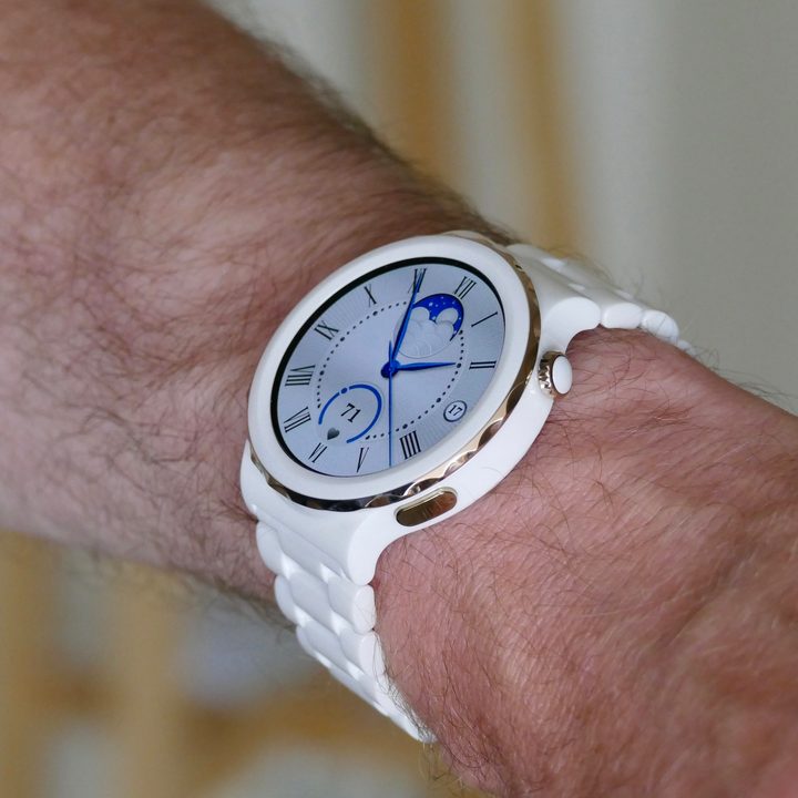 The Huawei Watch GT 3 Pro Ceramic's screen on a wrist.