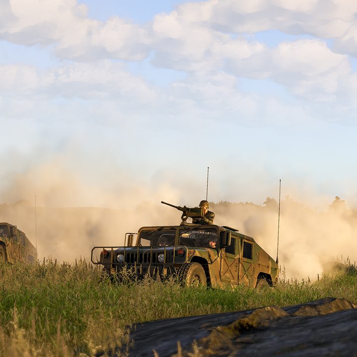 Hummers with mounted guns drive through a field in Arma 4.