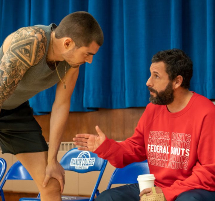 Juancho Hernangómez and Adam Sandler in Hustle.