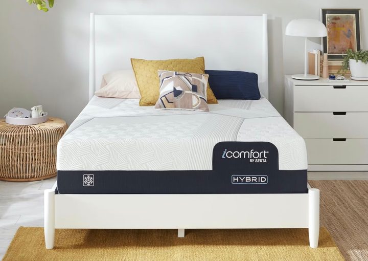 A Serta iComfort Hybrid Mattress in a white bedroom.