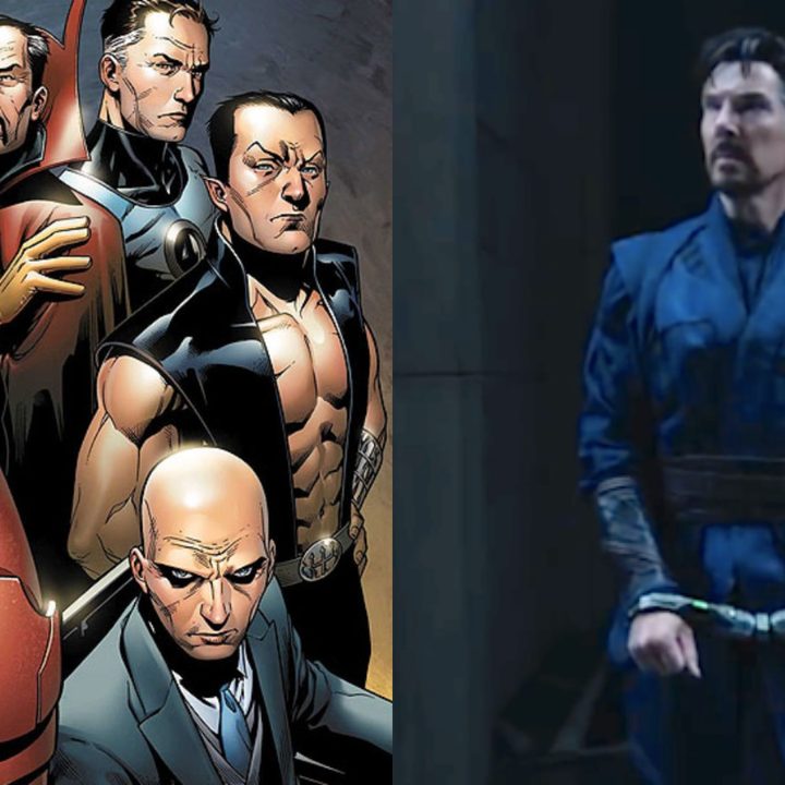 Split image of the Illuminati from the comics and Strange apprehended in Multiverse of Madness.