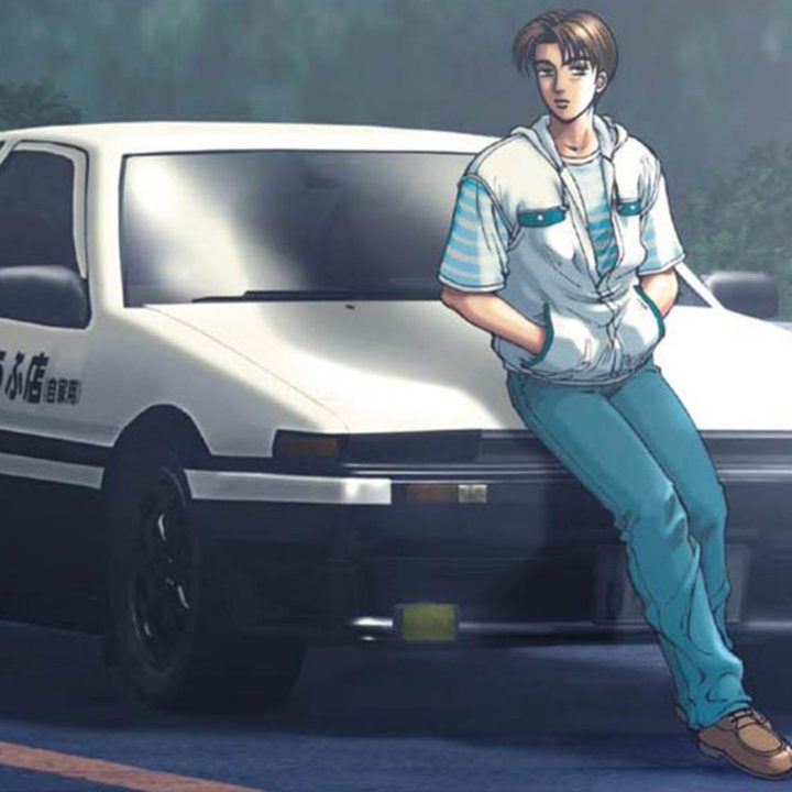Takumi leaning on his iconic Toyota AE86 in Initial D anime key art.