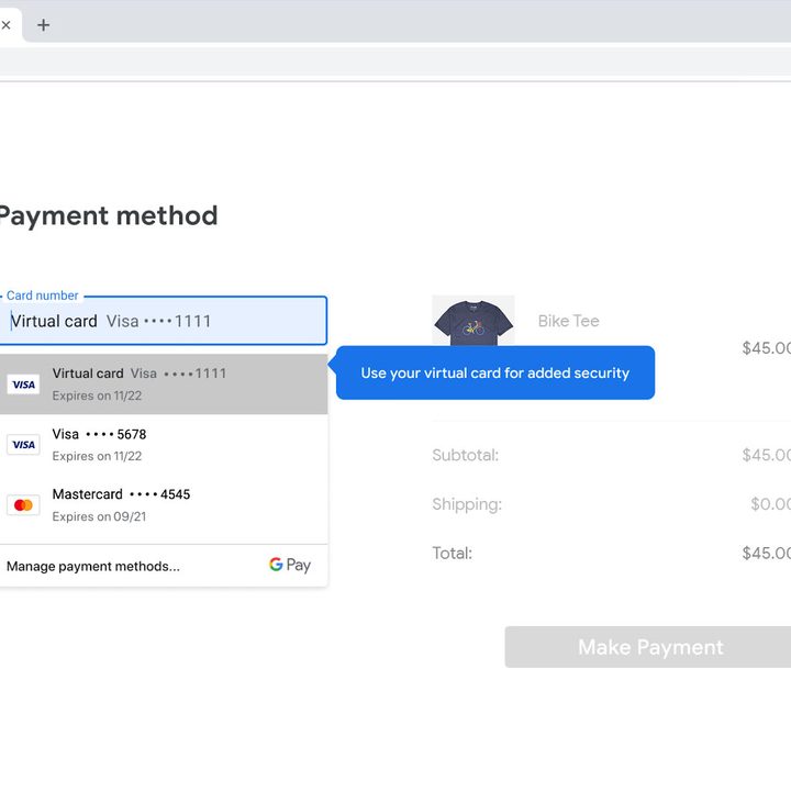 Website shows payment options including a virtual card.