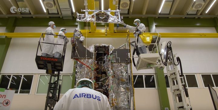 Engineers at an Airbus Defence and Space facility in Toulouse, France, oversee the final integration and testing of the Juice spacecraft.
