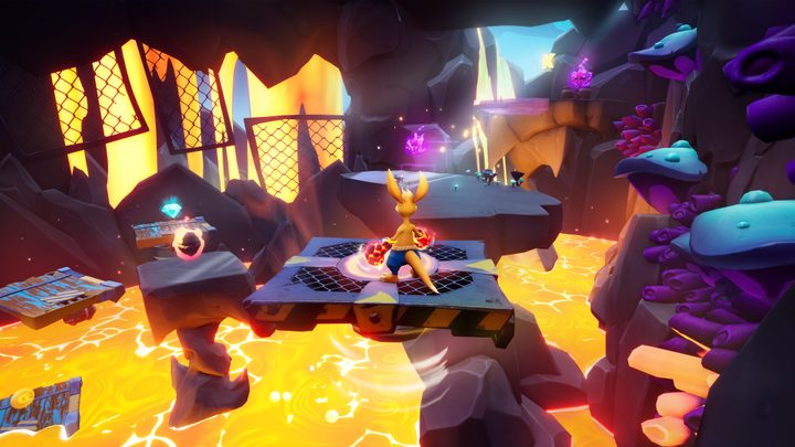 Kao hops across Lava Cave platformers in Kao the Kangaroo.