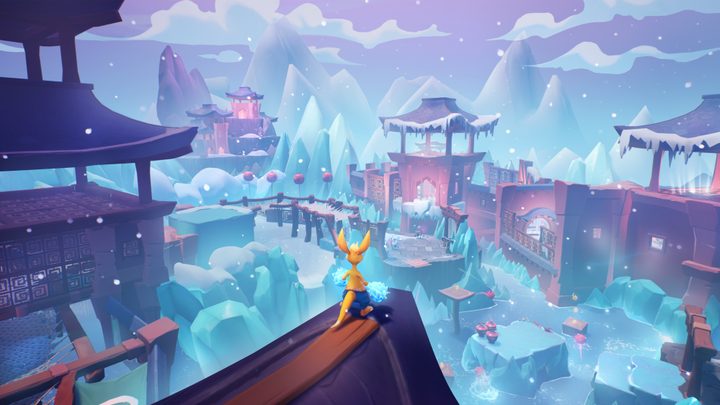 Kao the Kangroo looks over a vast level from a rooftop.